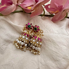 Floral Jadau Kundan Jhumkas-Rice Pearls-J2194