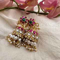 Floral Jadau Kundan Jhumkas-Rice Pearls-J2194