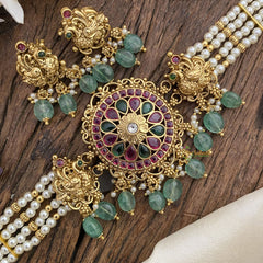 Vriksham 4 Layer Pearl Mala Dual Peacock High Neck Choker-Green Bead-G16411