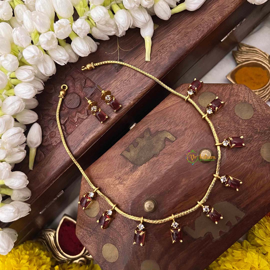 Vriksham Minimalist Ruby Square Stone With Matching Studs Neckpiece-G22328