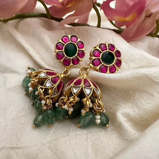 Jadau Kundan Flower Jhumkas-Aqua Green Beads-Pearl-J2137