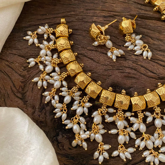 Gold Look Alike Guttapusalu Choker-Rice Pearls-G12471