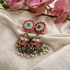 Stylish Floral Jadau Kundan Jhumkas-Aqua Green Bead-Rice Pearl-J2149