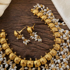 Gold Look Alike Guttapusalu Choker-Rice Pearls-G12471