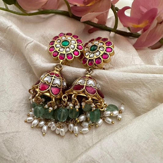 Stylish Floral Jadau Kundan Jhumkas-Aqua Green Bead-Rice Pearl-J2149