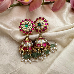 Stylish Floral Jadau Kundan Jhumkas-Aqua Green Bead-Rice Pearl-J2149