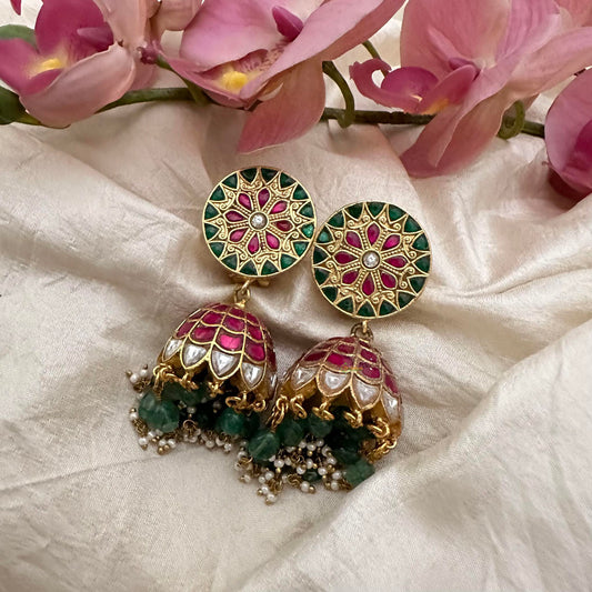 Chakara Jadau Kundan Jhumkas-Pastel Green Bead-Pearl-J2157