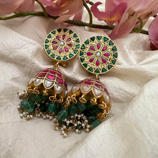 Chakara Jadau Kundan Jhumkas-Pastel Green Bead-Pearl-J2157