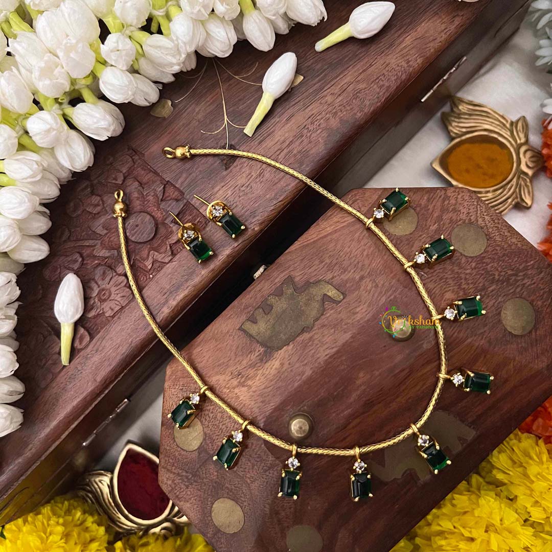Vriksham Minimalist Green Square Stone With Matching Studs Neckpiece-G22329