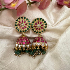 Chakara Jadau Kundan Jhumkas-Pastel Green Bead-Pearl-J2157