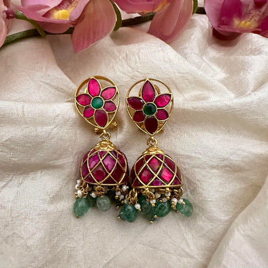 Elegant Jadau Kundan Jhumkas-Pastel Green Bead-Pearl-J2158