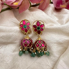 Elegant Jadau Kundan Jhumkas-Pastel Green Bead-Pearl-J2158