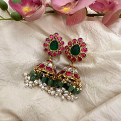 Premium Jadau Kundan Jhumkas-Aqua Green Beads-Rice Pearl-J2139