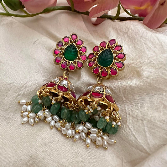 Premium Jadau Kundan Jhumkas-Aqua Green Beads-Rice Pearl-J2139