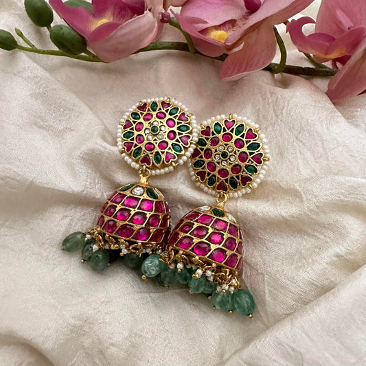 Designer Jadau Kundan Jhumkas-Aqua Green Beads-Pearls-J2176