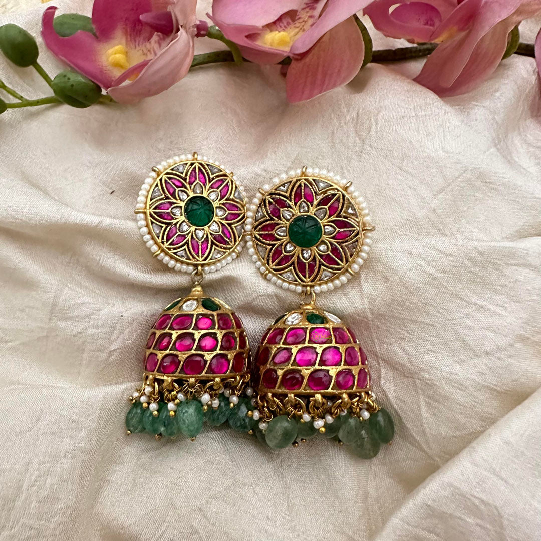 Elegant Jadau Kundan Jhumkas-Aqua Green Beads-Pearls-J2182