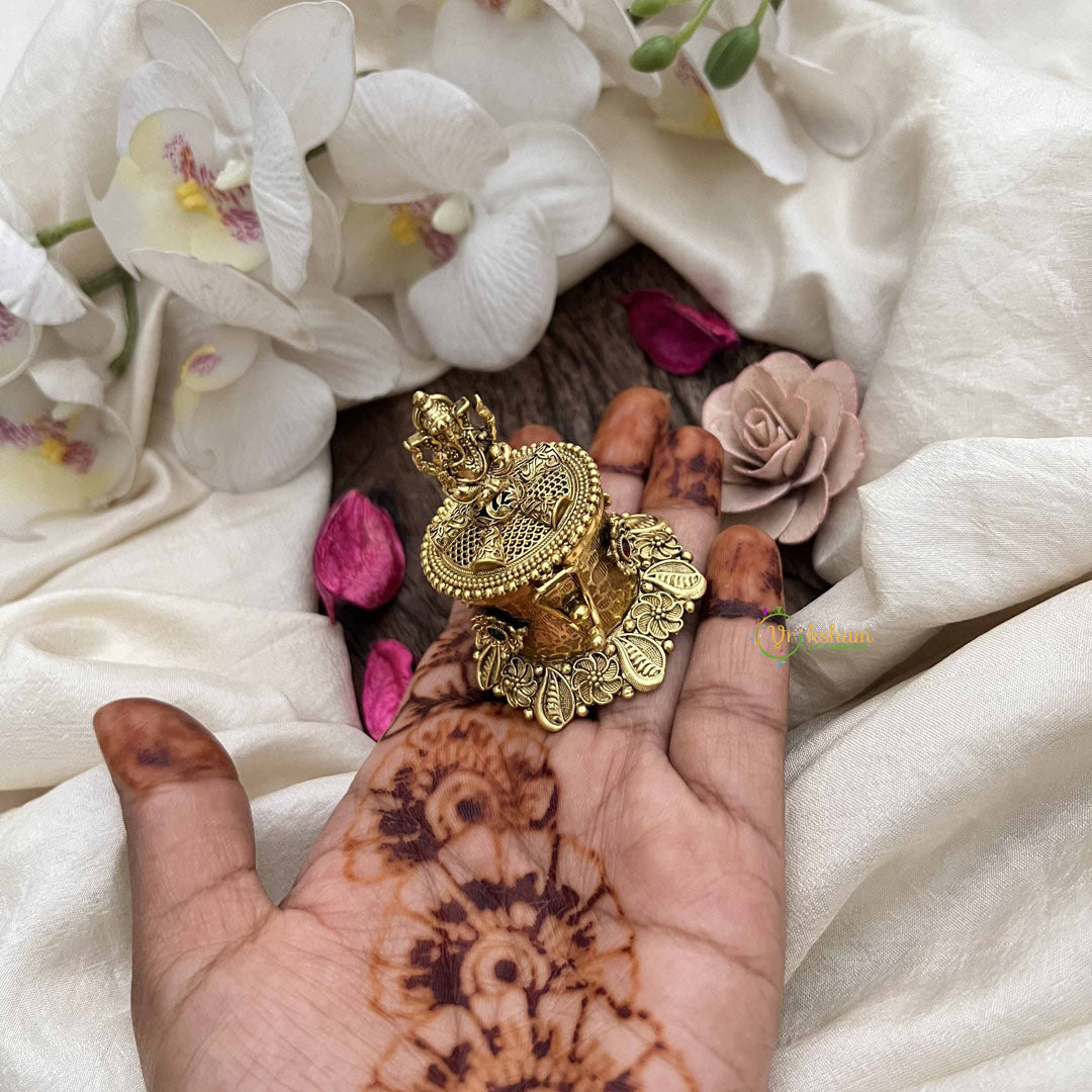 Vriksham Antique Gold Finish Intricately Carved Ganesha With Floral Base Kumkum Box-Red Green-G20273