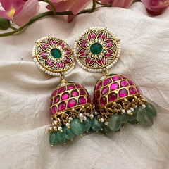 Elegant Jadau Kundan Jhumkas-Aqua Green Beads-Pearls-J2182