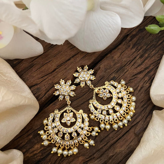 Trendy AD Stone Chandbali Earrings-White-Pearl-G13675