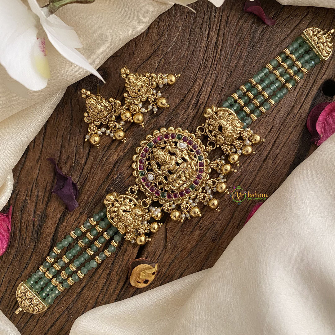 Vriksham Lakshmi 4 Layer Aqua Green Mala High Neck Choker-Gold Bead-G16414