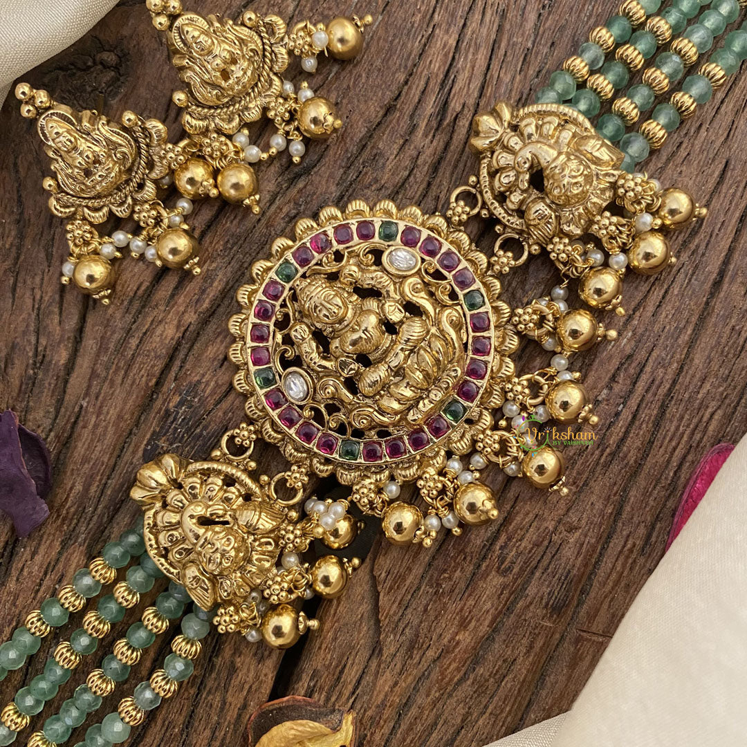 Vriksham Lakshmi 4 Layer Aqua Green Mala High Neck Choker-Gold Bead-G16414