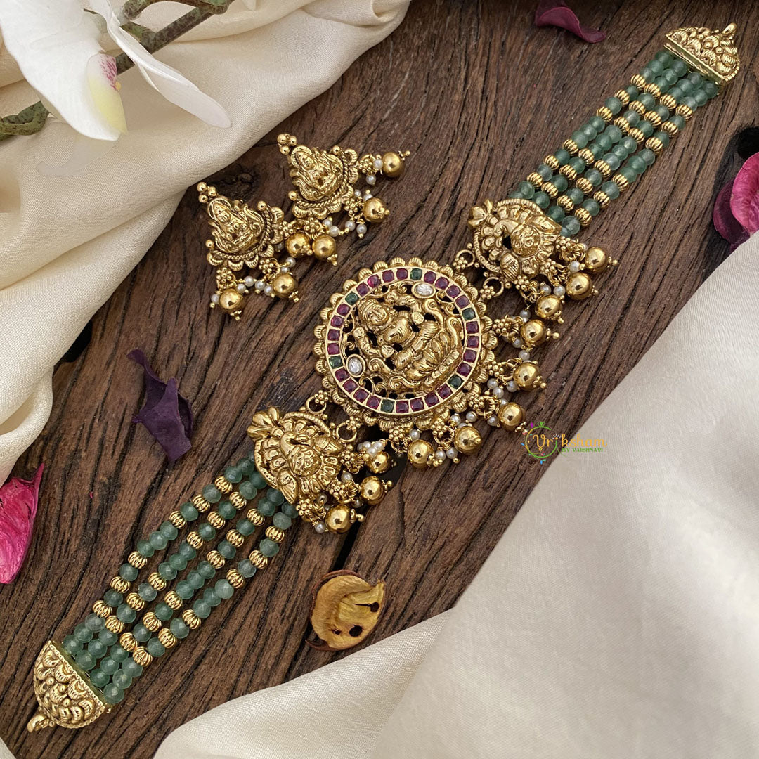 Vriksham Lakshmi 4 Layer Aqua Green Mala High Neck Choker-Gold Bead-G16414