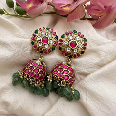 Floral Jadau Kundan Jhumkas-Pastel Green Beas-Pearl-J2170