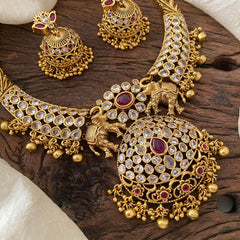 Intricate CZ stone gold look alike short Neckpiece-Red-G12489