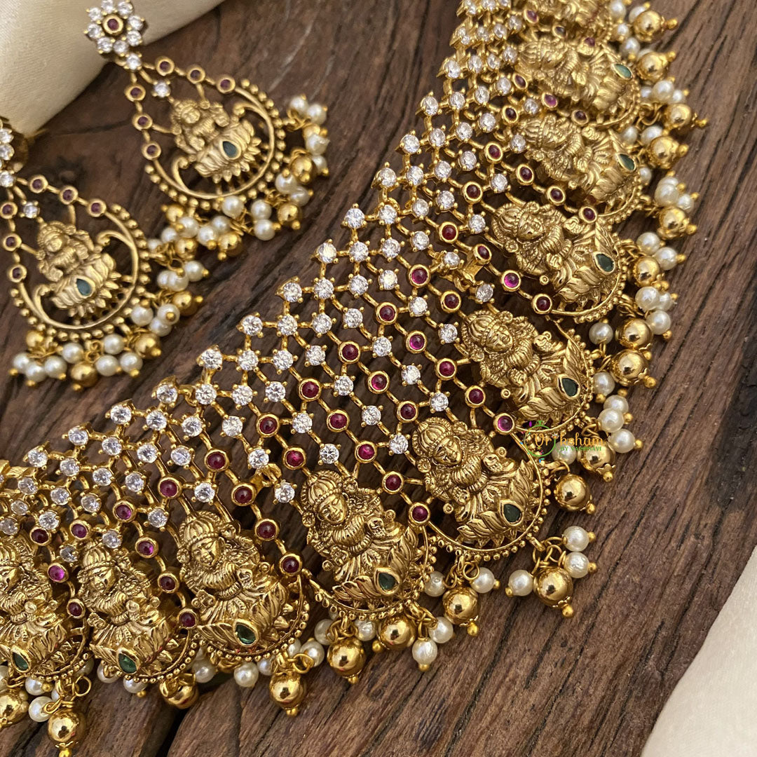 Vriksham Gold Look Alike AD Stone Lakshmi High Neck Choker-White Gold Bead-G16419