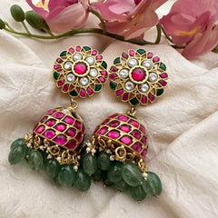 Floral Jadau Kundan Jhumkas-Pastel Green Beas-Pearl-J2170