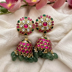 Floral Jadau Kundan Jhumkas-Pastel Green Beas-Pearl-J2170