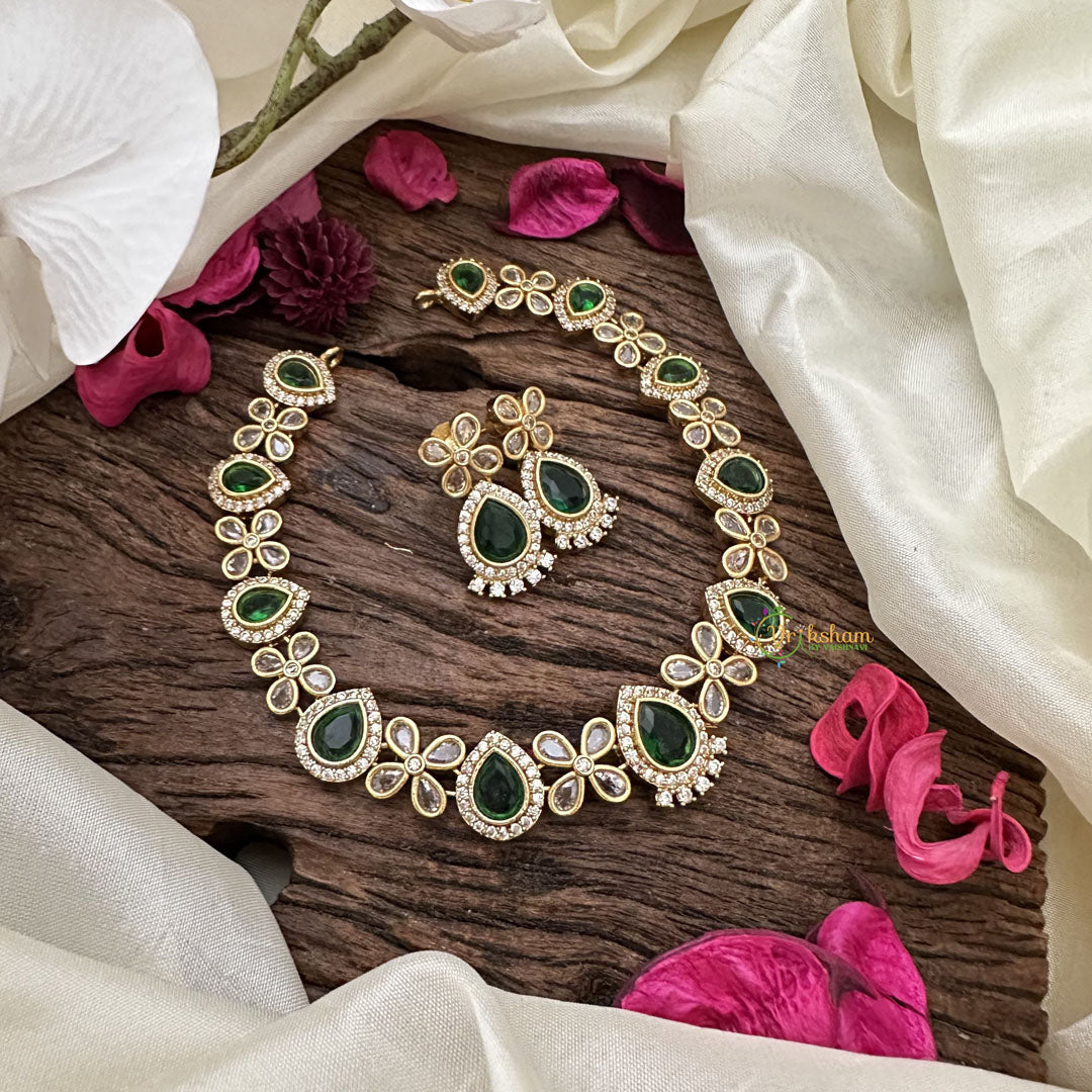 Vriksham Floral Tear Drop Green Short Neckpiece-G16312