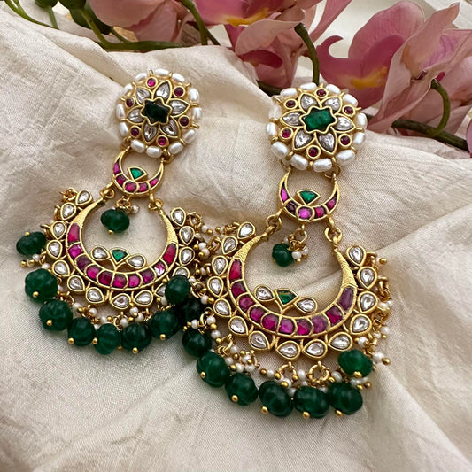 Precious Jadau Kundan Chandbali-Green Beads-Pearls-J2174