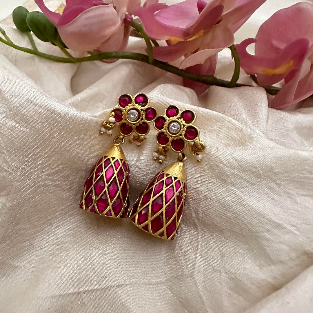 Unique Red Jadau Kundan Damru Jhumkas-Pearl-J2161