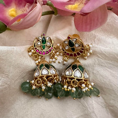 Unique Jadau Kundan Jhumkas-Aqua Green Beads-Pearls-J2186