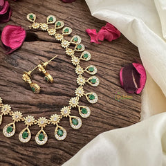 Vriksham Premium Tear Drop & Floral AD Stone Choker-Green-G16293