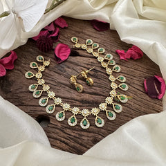 Vriksham Premium Tear Drop & Floral AD Stone Choker-Green-G16293