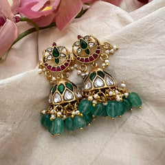 Unique Jadau Kundan Jhumkas-Aqua Blue Beads-Pearls-J2185