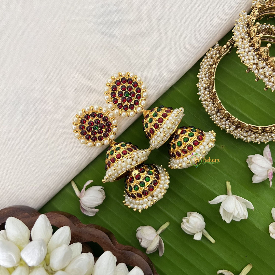 Vriksham Traditional Kemp Double Jhumkas-Green Red-Pearl-G18564