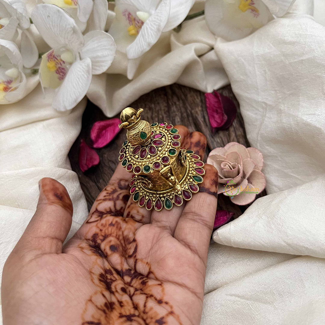 Vriksham Kalash Design Antique Gold Finish with Ruby & Emerald Stones Kumkum Box-G20281