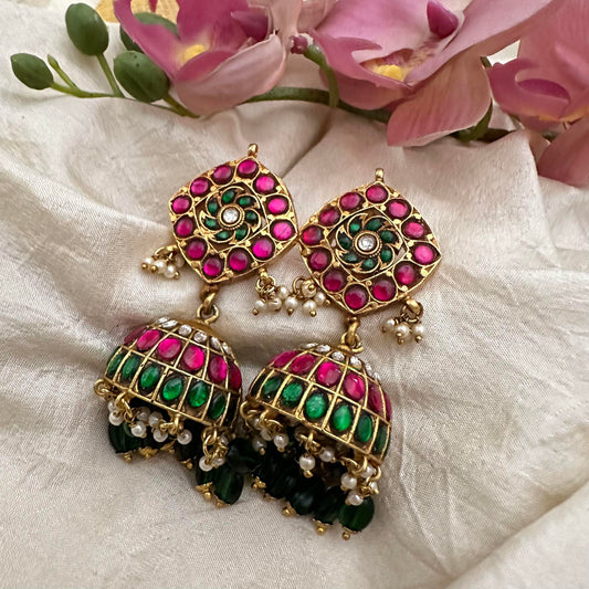 Premium Jadau Kundan Jhumkas-Green Beads-Pearls-J2196