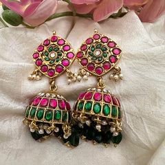 Premium Jadau Kundan Jhumkas-Green Beads-Pearls-J2196