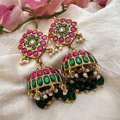 Premium Jadau Kundan Jhumkas-Green Beads-Pearls-J2196