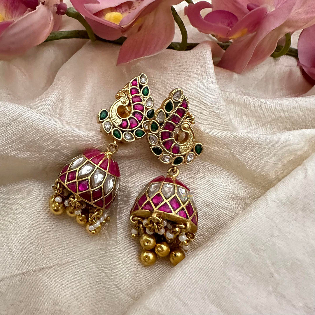 Precious Peacock Jadau Kundan Jhumkas-Golden Bead-Pearl-J2148