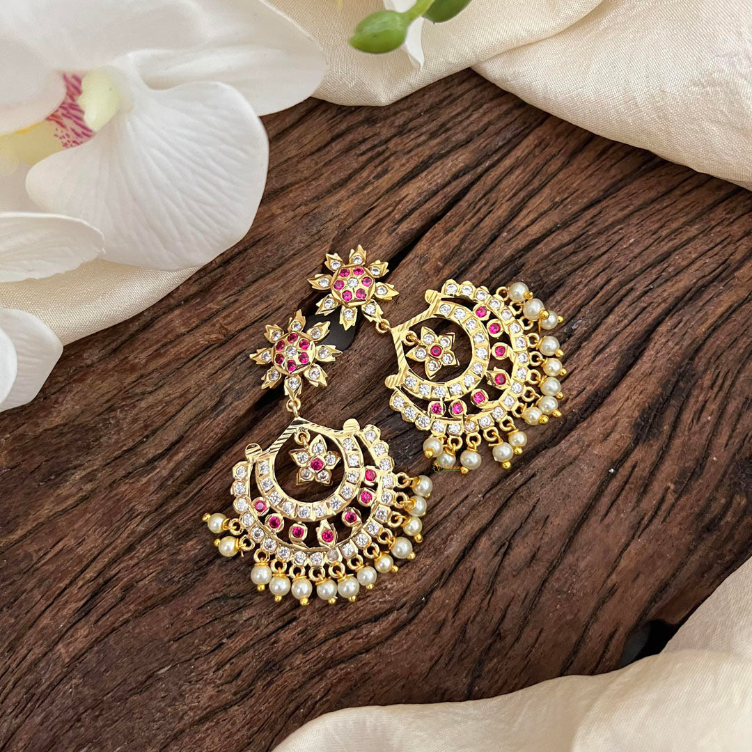 Trendy AD Stone Chandbali Earrings-Red-Pearl-G13676