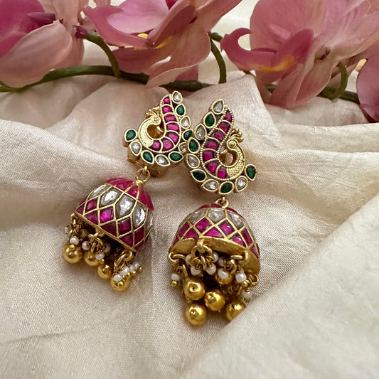 Precious Peacock Jadau Kundan Jhumkas-Golden Bead-Pearl-J2148