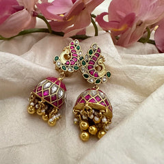 Precious Peacock Jadau Kundan Jhumkas-Golden Bead-Pearl-J2148