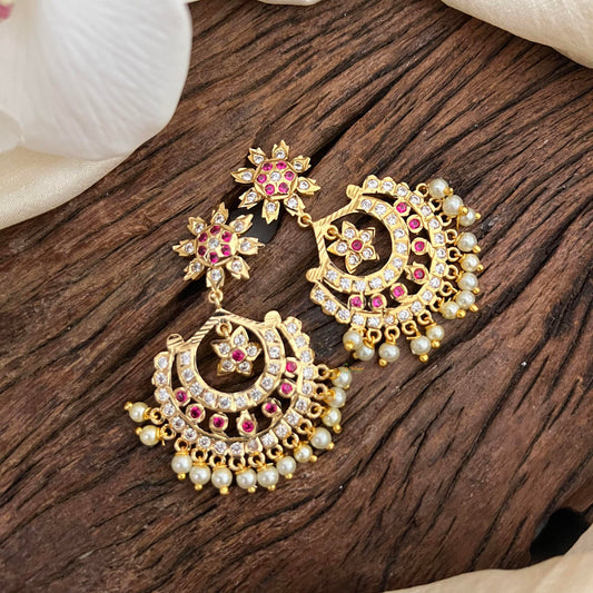 Trendy AD Stone Chandbali Earrings-Red-Pearl-G13676