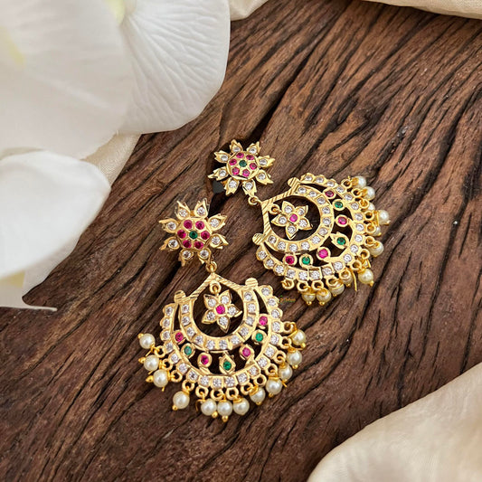 Trendy AD Stone Chandbali Earrings-Red Green-Pearl-G13674