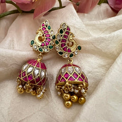 Precious Peacock Jadau Kundan Jhumkas-Golden Bead-Pearl-J2148